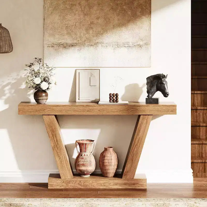Mesa consola de 63", roble natural/marrón rústico, mesa estrecha para sofá y entrada