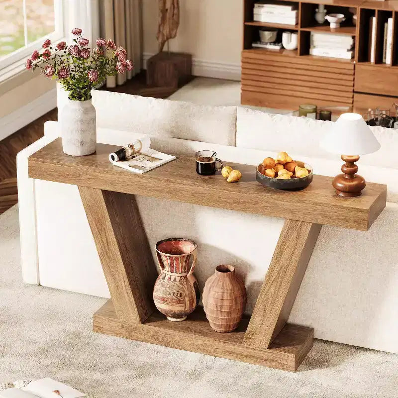 Mesa consola de 63", roble natural/marrón rústico, mesa estrecha para sofá y entrada