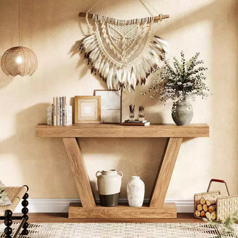 Mesa consola de 63", roble natural/marrón rústico, mesa estrecha para sofá y entrada