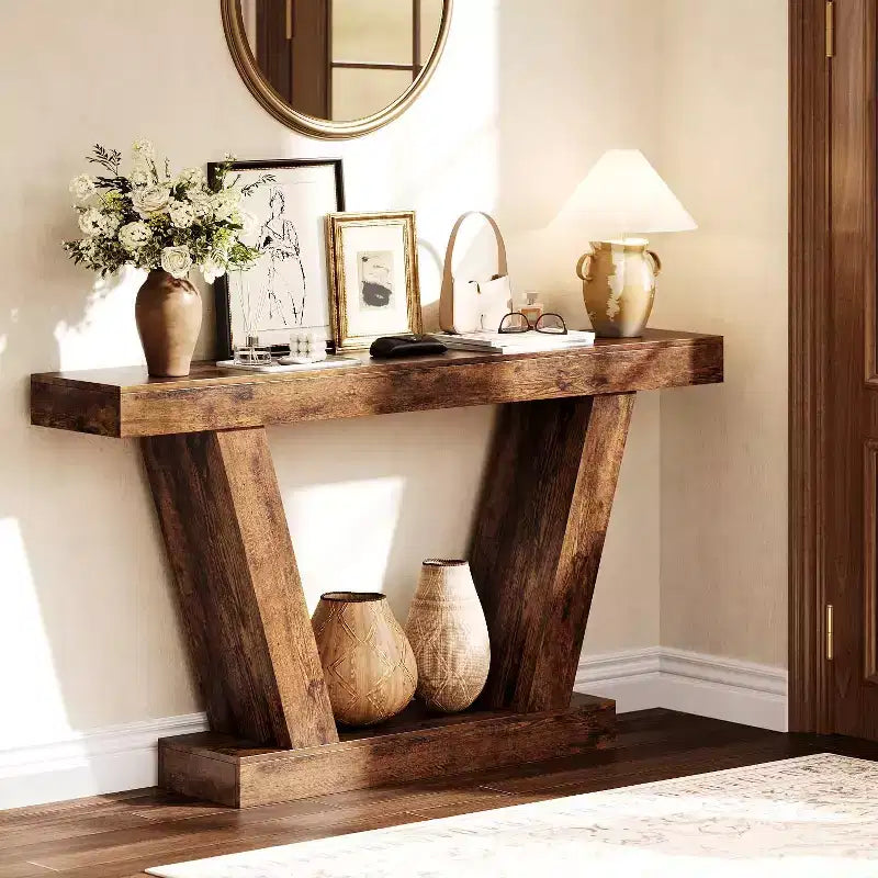 Mesa consola de 63", roble natural/marrón rústico, mesa estrecha para sofá y entrada