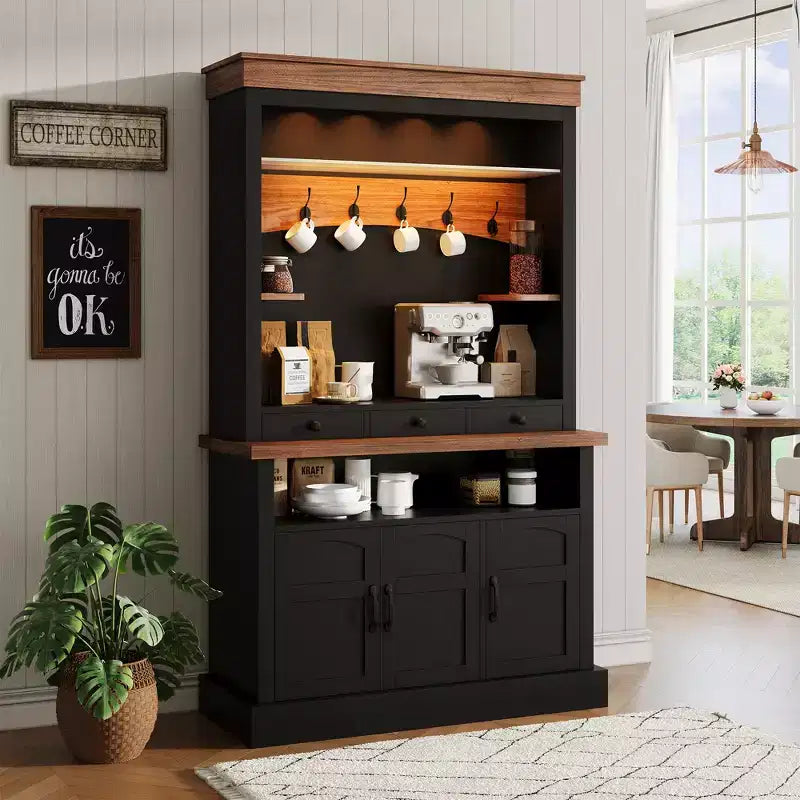 Mueble cafetero rústico marrón, 72", luces LED, 4 puertas y 3 cajones, 1 persona