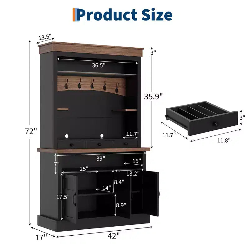 Mueble cafetero rústico marrón, 72", luces LED, 4 puertas y 3 cajones, 1 persona