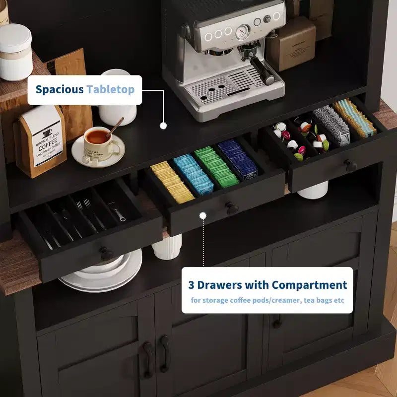Mueble cafetero rústico marrón, 72", luces LED, 4 puertas y 3 cajones, 1 persona