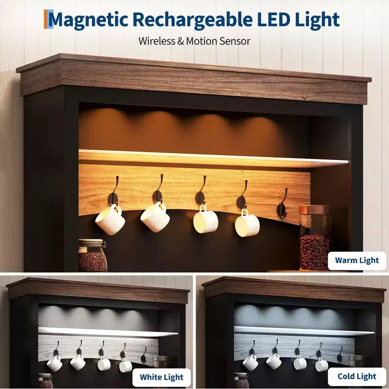Mueble cafetero rústico marrón, 72", luces LED, 4 puertas y 3 cajones, 1 persona