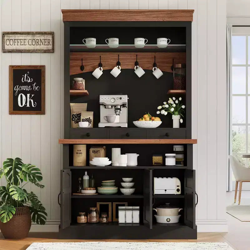 Mueble cafetero rústico marrón, 72", luces LED, 4 puertas y 3 cajones, 1 persona