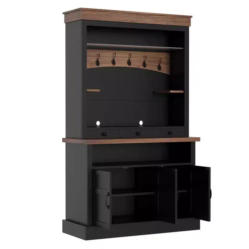 Mueble cafetero rústico marrón, 72", luces LED, 4 puertas y 3 cajones, 1 persona