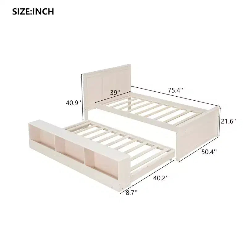 Cama plataforma de madera maciza en color blanco crema/natural con cama nido y almacenamiento, doble/completa, capacidad para 1 o 2 personas