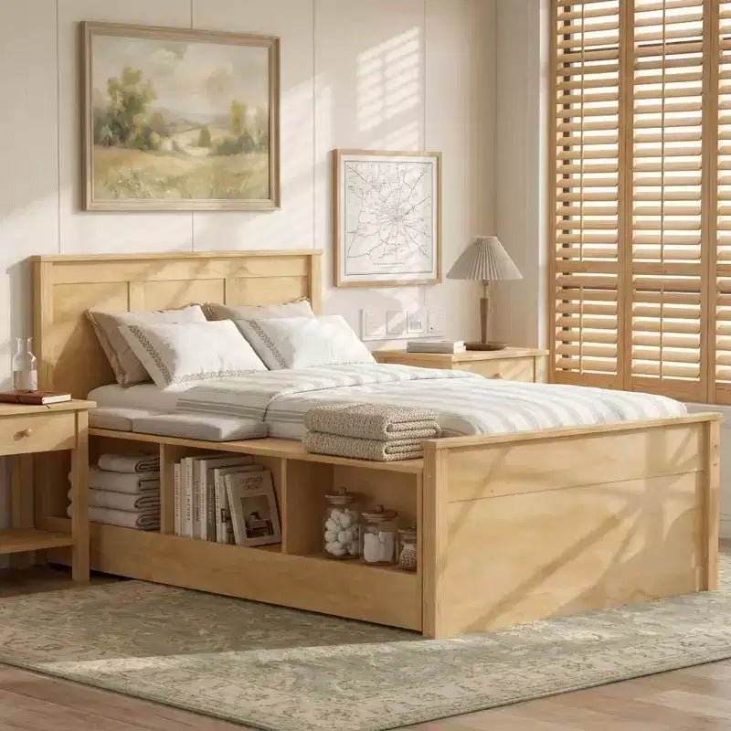 Cama plataforma de madera maciza en color blanco crema/natural con cama nido y almacenamiento, doble/completa, capacidad para 1 o 2 personas