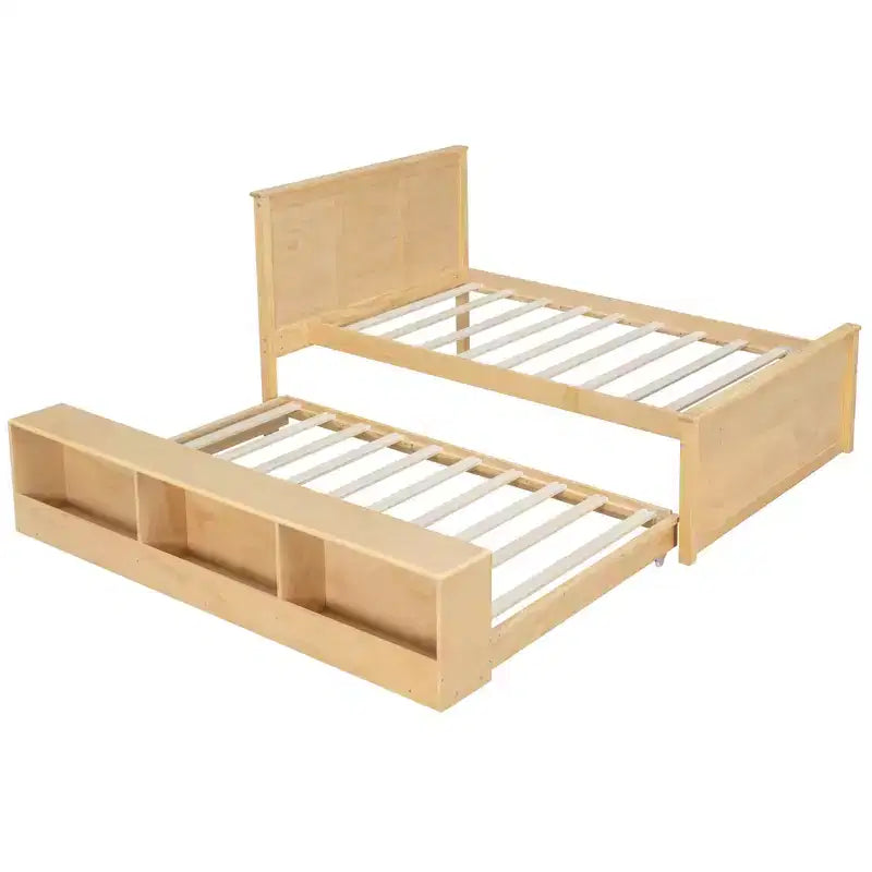 Cama plataforma de madera maciza en color blanco crema/natural con cama nido y almacenamiento, doble/completa, capacidad para 1 o 2 personas