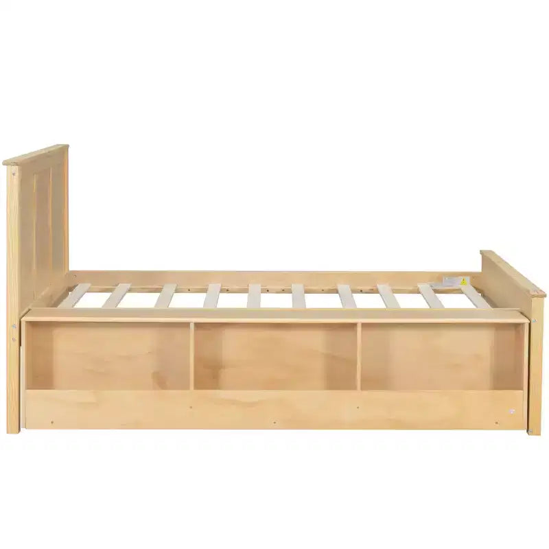 Cama plataforma de madera maciza en color blanco crema/natural con cama nido y almacenamiento, doble/completa, capacidad para 1 o 2 personas