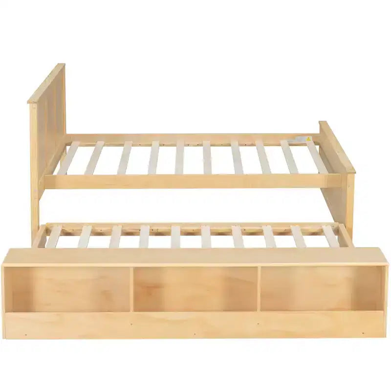Cama plataforma de madera maciza en color blanco crema/natural con cama nido y almacenamiento, doble/completa, capacidad para 1 o 2 personas