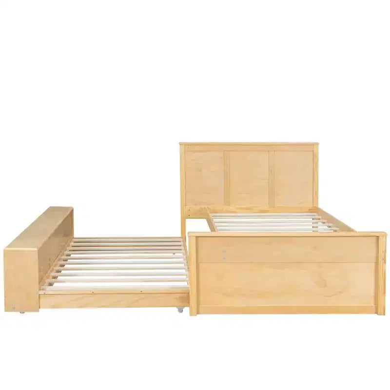 Cama plataforma de madera maciza en color blanco crema/natural con cama nido y almacenamiento, doble/completa, capacidad para 1 o 2 personas