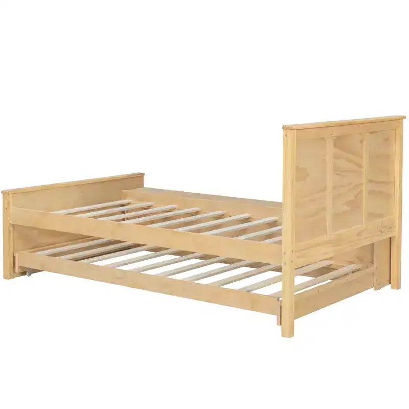 Cama plataforma de madera maciza en color blanco crema/natural con cama nido y almacenamiento, doble/completa, capacidad para 1 o 2 personas