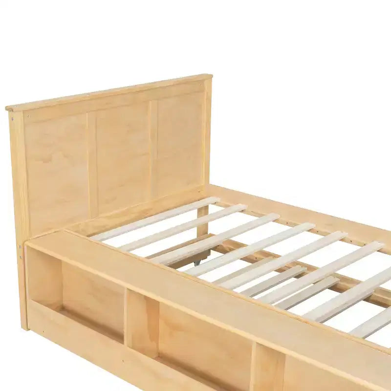 Cama plataforma de madera maciza en color blanco crema/natural con cama nido y almacenamiento, doble/completa, capacidad para 1 o 2 personas