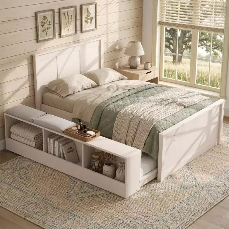Cama plataforma de madera maciza en color blanco crema/natural con cama nido y almacenamiento, doble/completa, capacidad para 1 o 2 personas