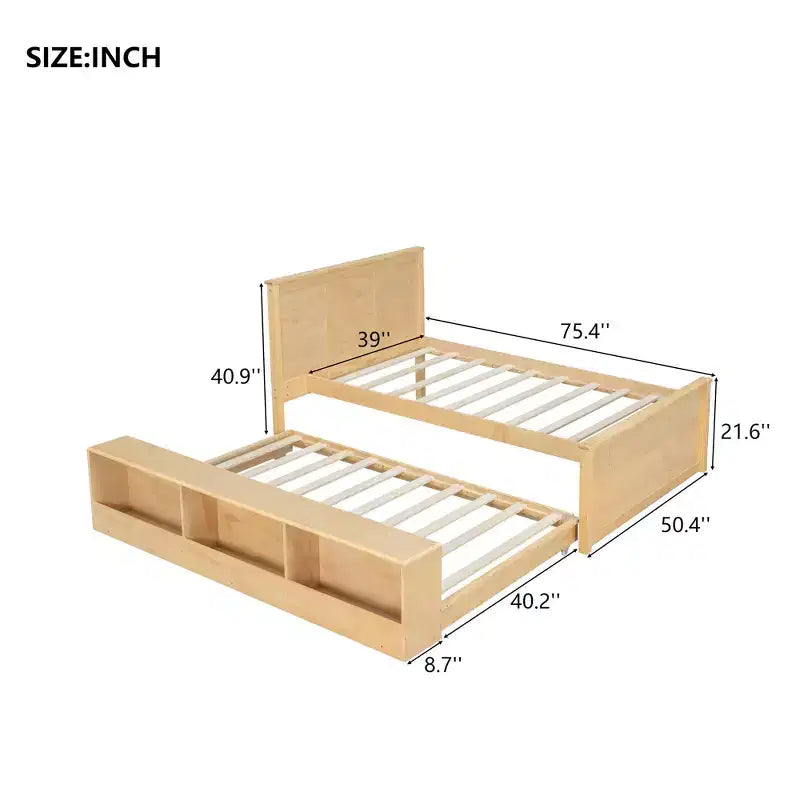 Cama plataforma de madera maciza en color blanco crema/natural con cama nido y almacenamiento, doble/completa, capacidad para 1 o 2 personas
