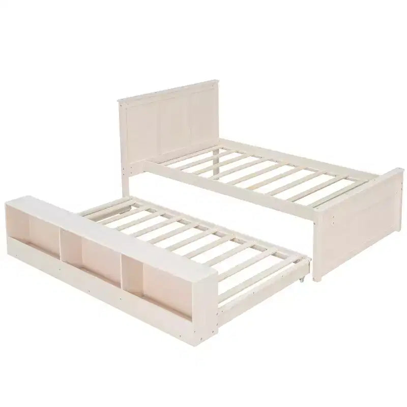 Cama plataforma de madera maciza en color blanco crema/natural con cama nido y almacenamiento, doble/completa, capacidad para 1 o 2 personas
