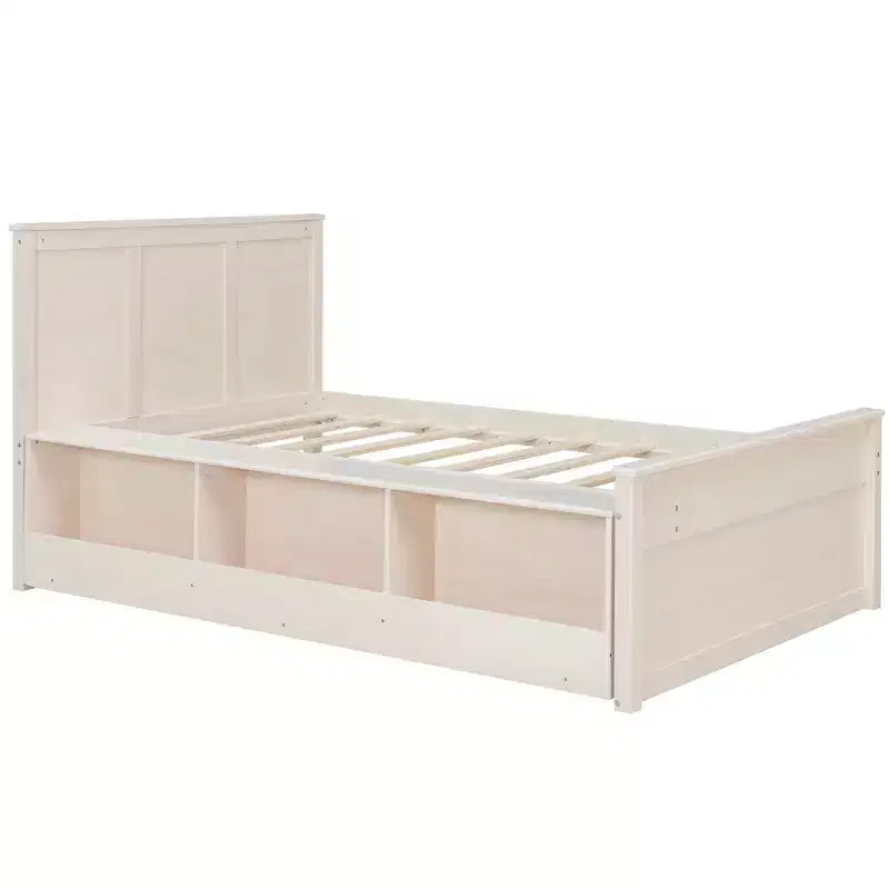 Cama plataforma de madera maciza en color blanco crema/natural con cama nido y almacenamiento, doble/completa, capacidad para 1 o 2 personas