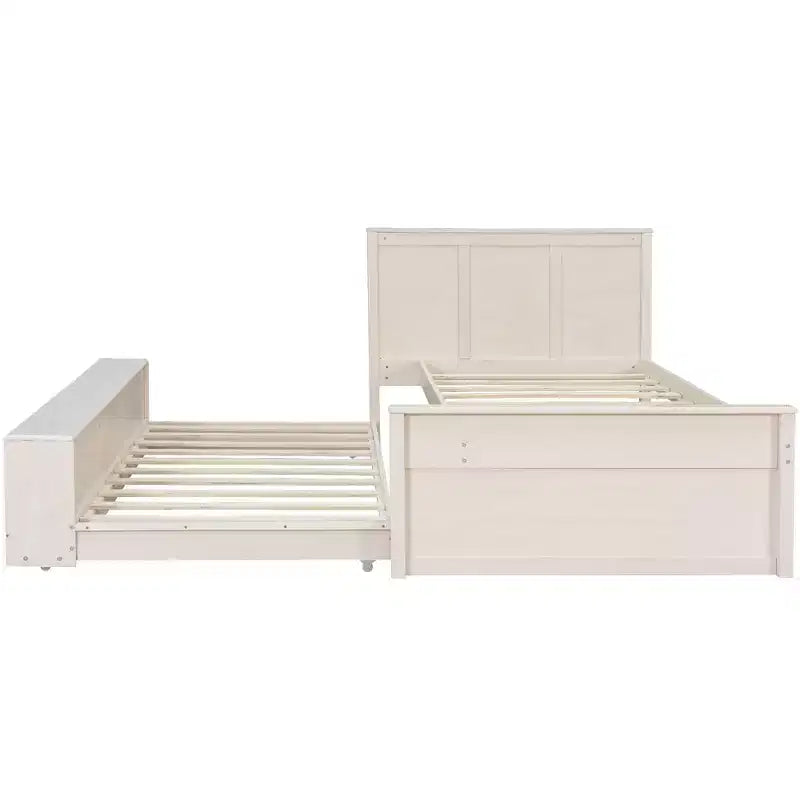 Cama plataforma de madera maciza en color blanco crema/natural con cama nido y almacenamiento, doble/completa, capacidad para 1 o 2 personas