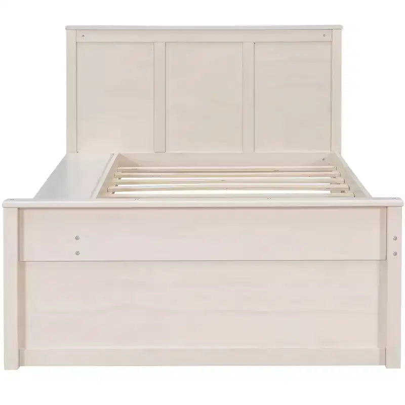 Cama plataforma de madera maciza en color blanco crema/natural con cama nido y almacenamiento, doble/completa, capacidad para 1 o 2 personas