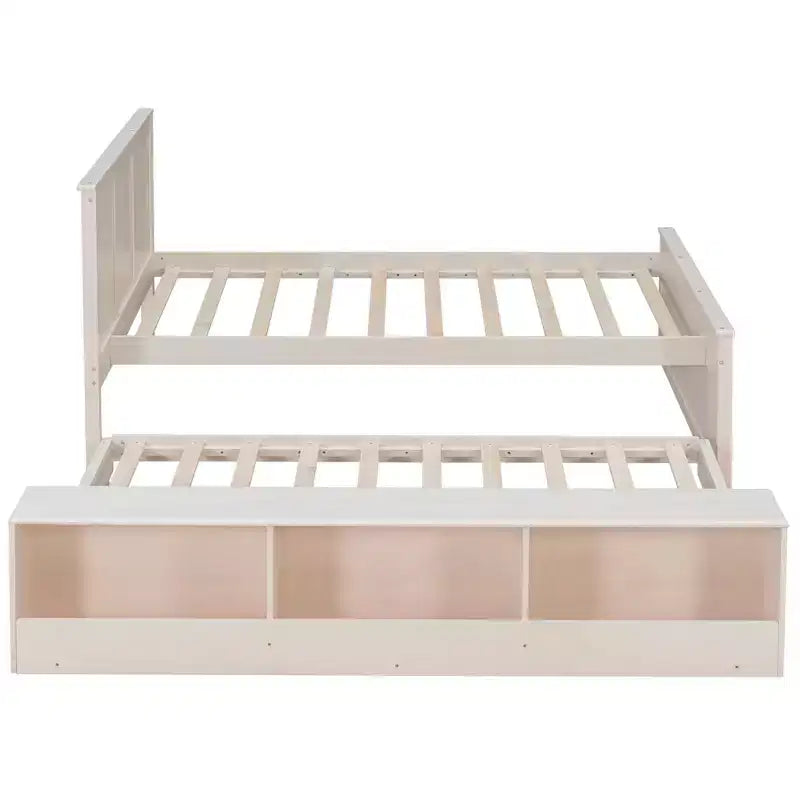 Cama plataforma de madera maciza en color blanco crema/natural con cama nido y almacenamiento, doble/completa, capacidad para 1 o 2 personas