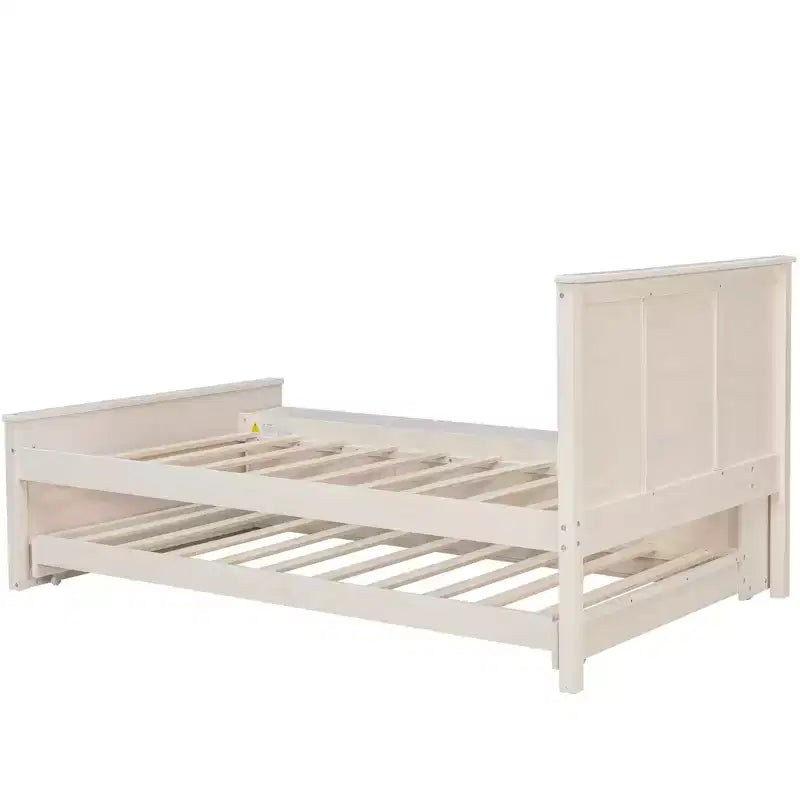 Cama plataforma de madera maciza en color blanco crema/natural con cama nido y almacenamiento, doble/completa, capacidad para 1 o 2 personas