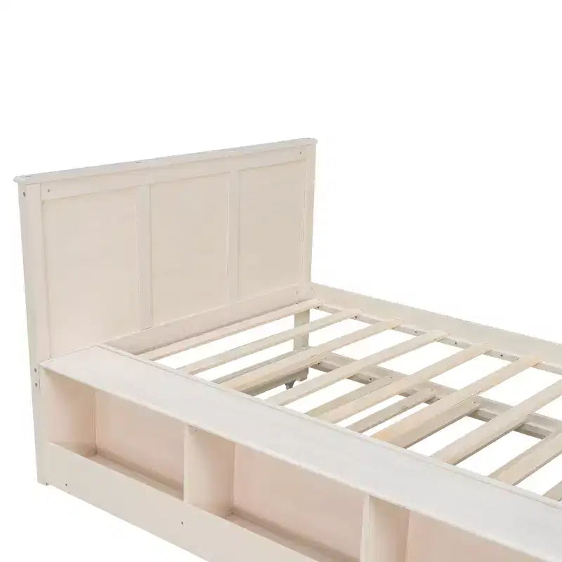 Cama plataforma de madera maciza en color blanco crema/natural con cama nido y almacenamiento, doble/completa, capacidad para 1 o 2 personas