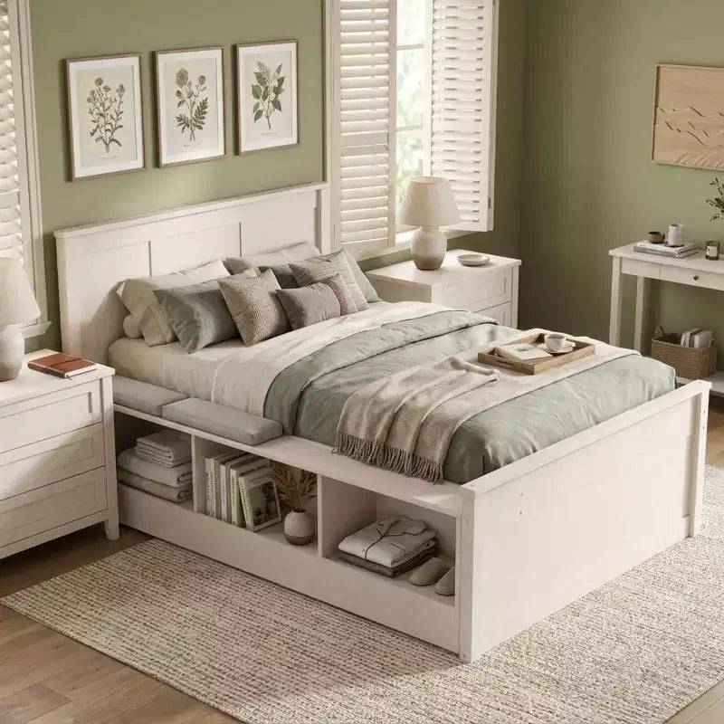 Polibi Solid Wood Platform Bed with Trundle and Storage Cabinet