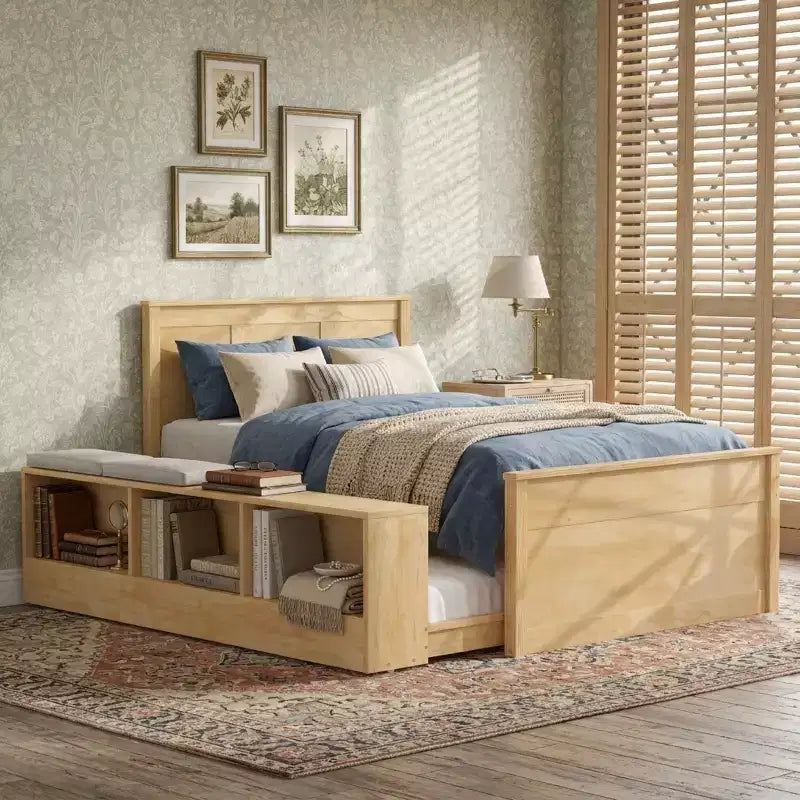 Cama plataforma de madera maciza en color blanco crema/natural con cama nido y almacenamiento, doble/completa, capacidad para 1 o 2 personas