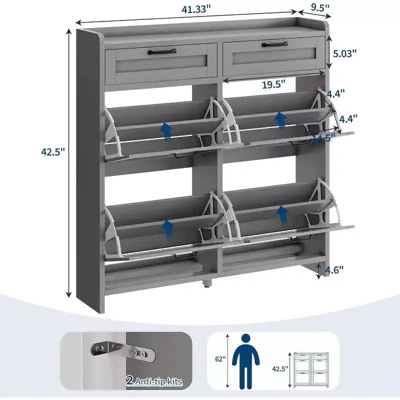 Zapatero azul de pie con 4 cajones abatibles, capacidad para 26 pares