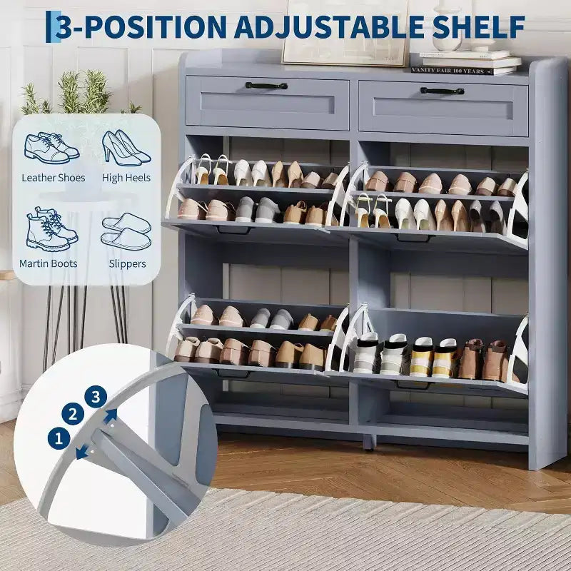 Zapatero azul de pie con 4 cajones abatibles, capacidad para 26 pares