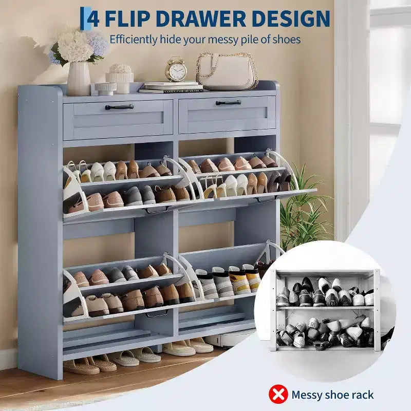 Zapatero azul de pie con 4 cajones abatibles, capacidad para 26 pares
