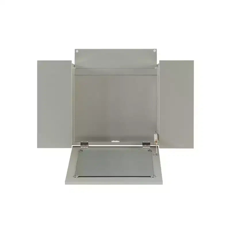 Tocador con espejo plateado abatible y taburete gris, 1 persona