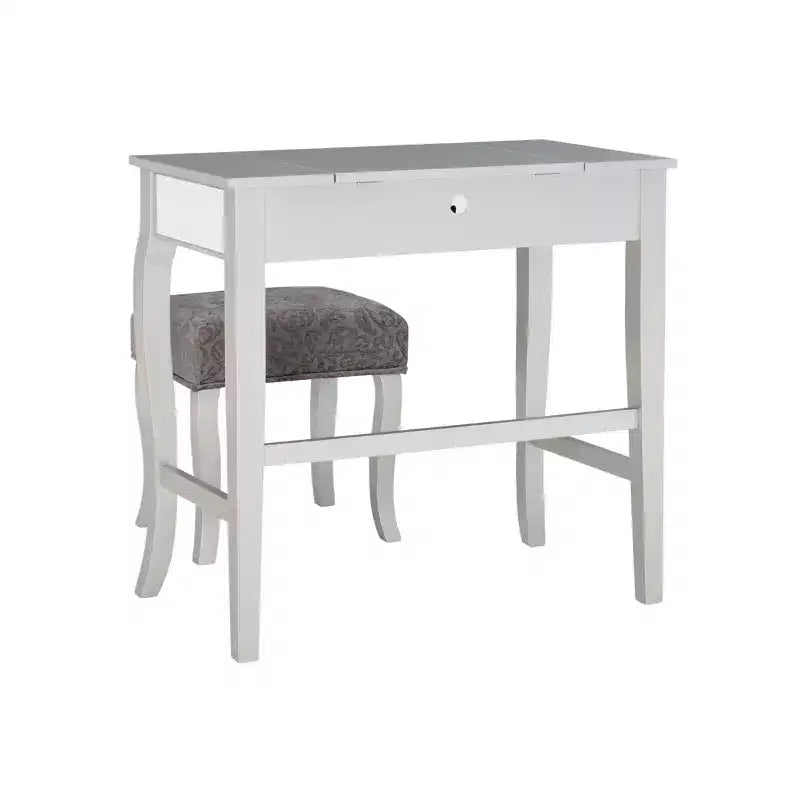Tocador con espejo plateado abatible y taburete gris, 1 persona
