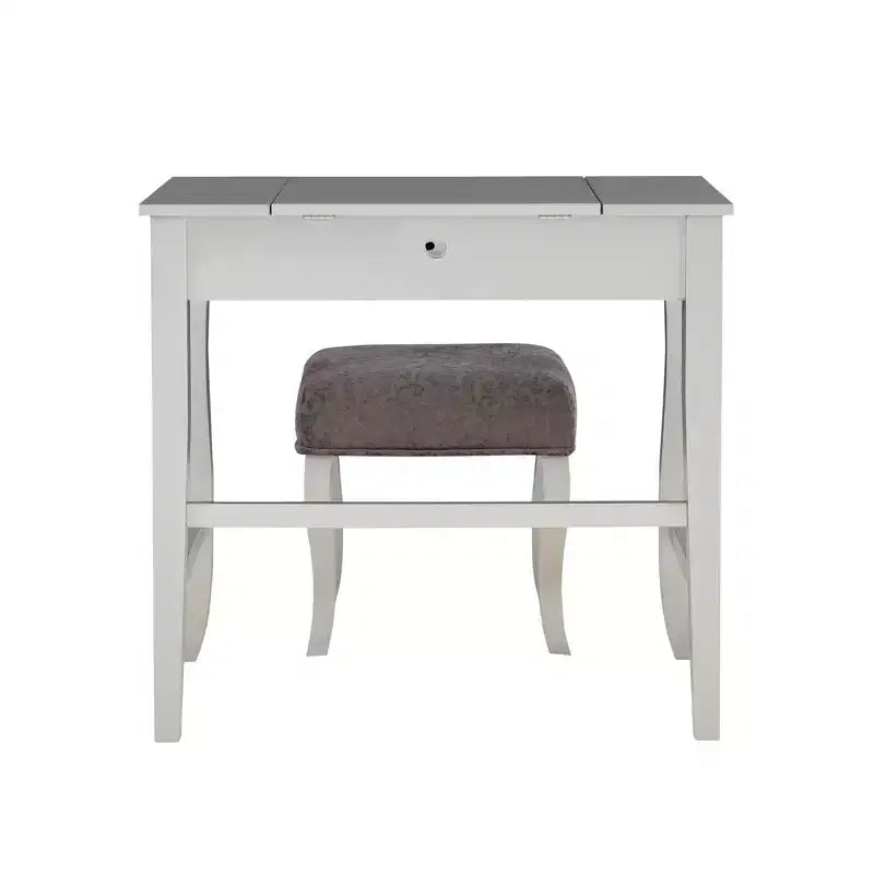Tocador con espejo plateado abatible y taburete gris, 1 persona