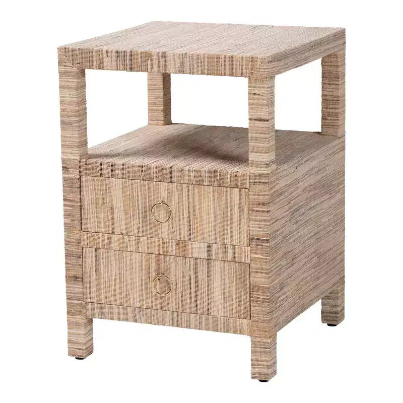 Mesita de Noche de 2 Cajones de Hierba Tejida Natural, 1 Persona