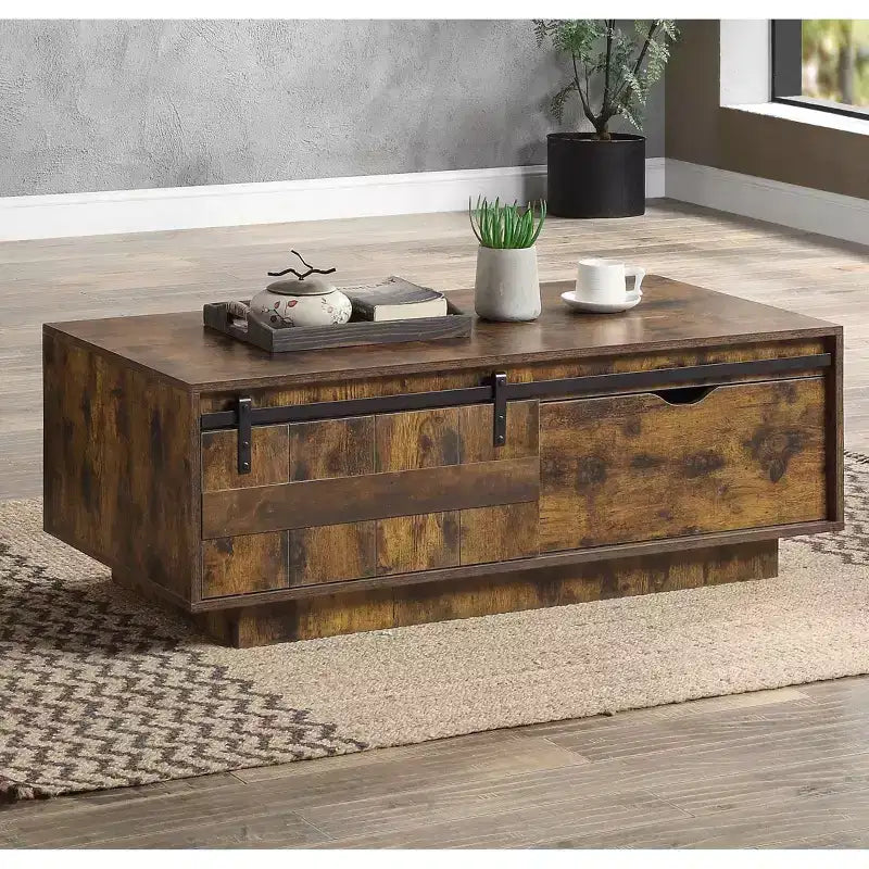 Mesa de centro rústica de roble con cajones, rectangular, 1 persona