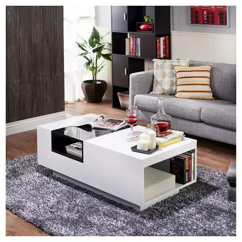 Mesa de centro blanca y negra de dos tonos con tapa de cristal templado, estantes de almacenamiento, para 1 persona