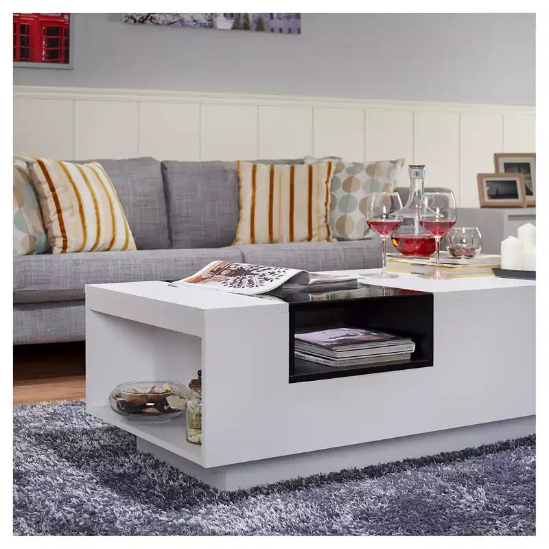 Mesa de centro blanca y negra de dos tonos con tapa de cristal templado, estantes de almacenamiento, para 1 persona