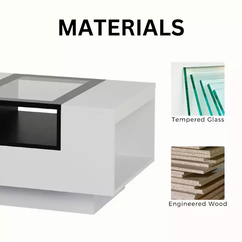 Mesa de centro blanca y negra de dos tonos con tapa de cristal templado, estantes de almacenamiento, para 1 persona