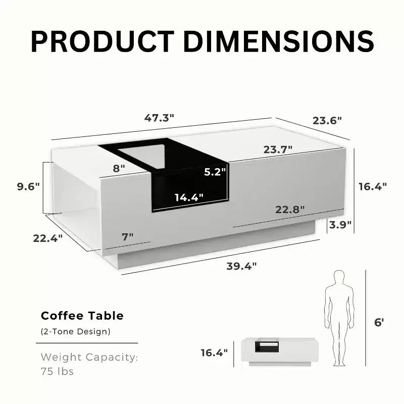 Mesa de centro blanca y negra de dos tonos con tapa de cristal templado, estantes de almacenamiento, para 1 persona