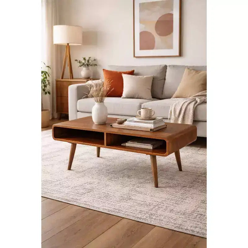 Mesa de centro rectangular de nogal marrón para 1 – Estante abierto, patas cónicas