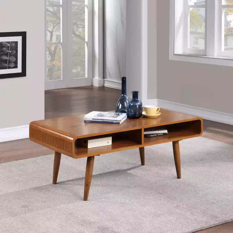 Mesa de centro rectangular de nogal marrón para 1 – Estante abierto, patas cónicas