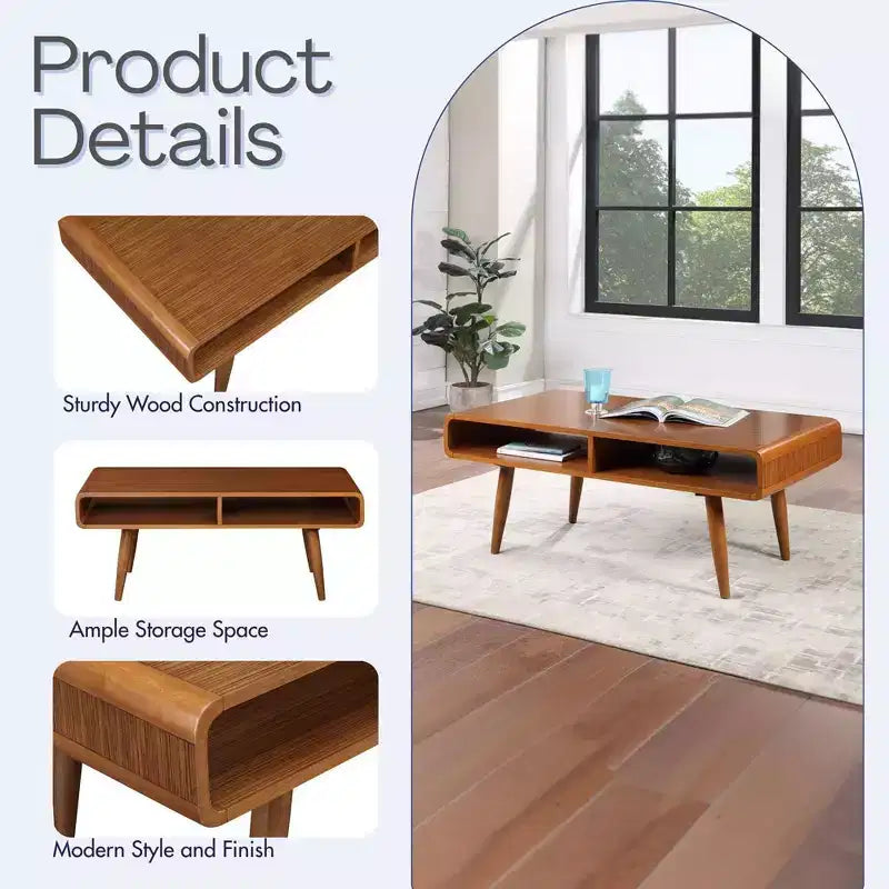Mesa de centro rectangular de nogal marrón para 1 – Estante abierto, patas cónicas