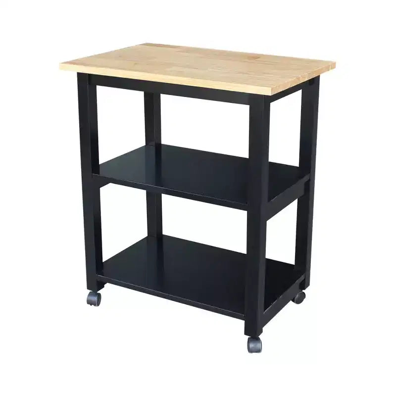 Carro de cocina rodante blanco con encimera de bloque de carnicero, negro/natural, roble mediano, madera/beige – Montaje de 1 persona