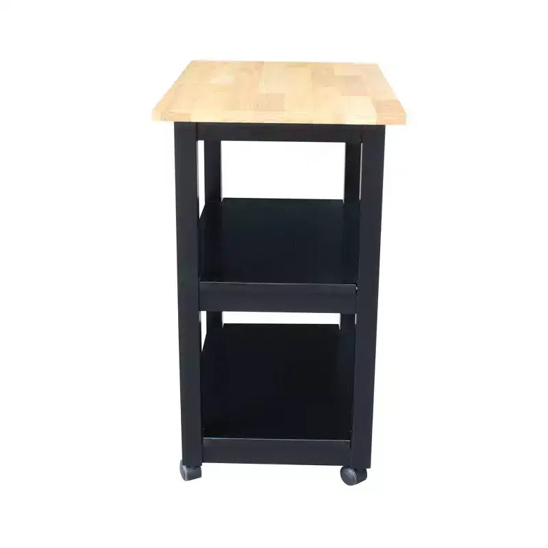 Carro de cocina rodante blanco con encimera de bloque de carnicero, negro/natural, roble mediano, madera/beige – Montaje de 1 persona