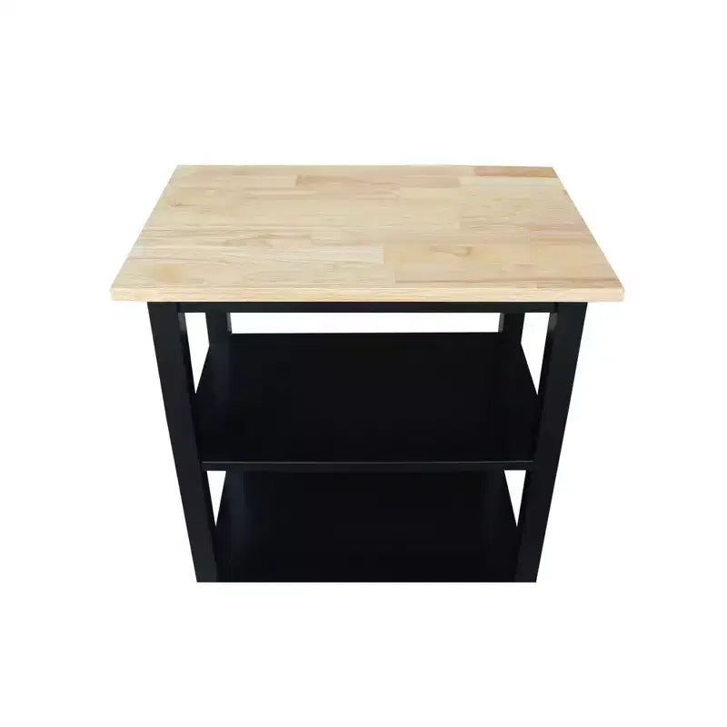 Carro de cocina rodante blanco con encimera de bloque de carnicero, negro/natural, roble mediano, madera/beige – Montaje de 1 persona