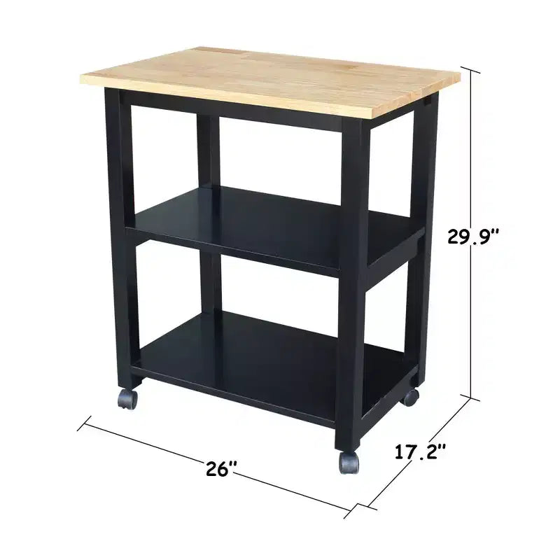 Carro de cocina rodante blanco con encimera de bloque de carnicero, negro/natural, roble mediano, madera/beige – Montaje de 1 persona