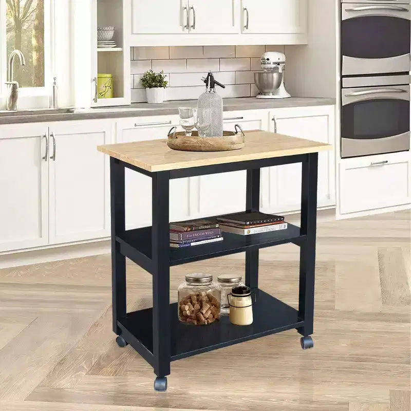Carro de cocina rodante blanco con encimera de bloque de carnicero, negro/natural, roble mediano, madera/beige – Montaje de 1 persona