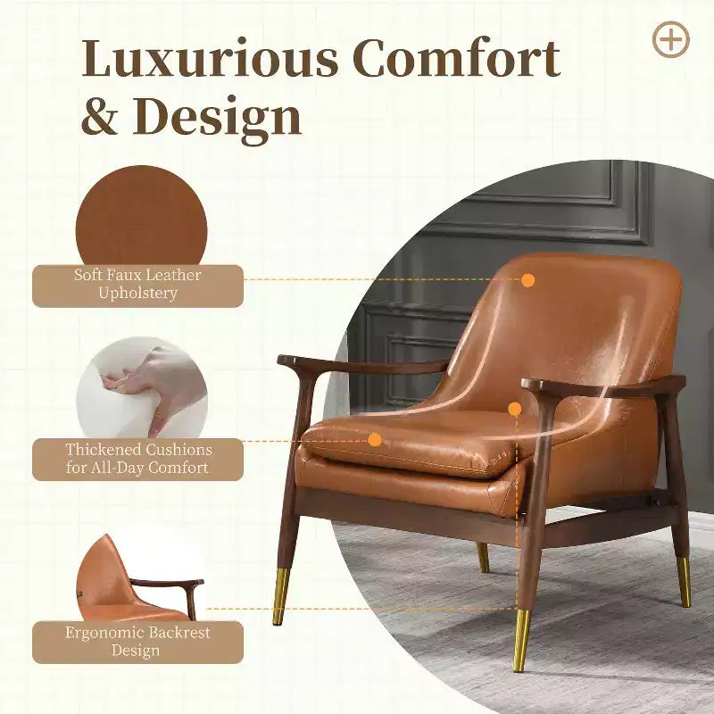 Sillón decorativo individual estilo club de piel sintética marrón
